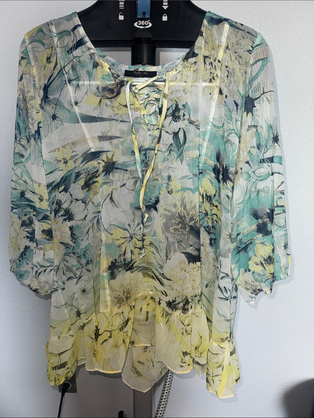 Style & Co. Sheer Floral Lace-Up Tunic in Yellow and Teal